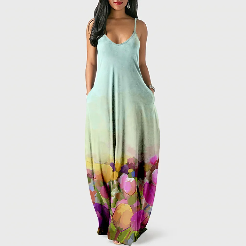 

Spring Summer Women Maxi Dresses Casual Loose Long Sling Dresses Floral Print Sexy High Split Ladies Beach Holiday Halter Dress