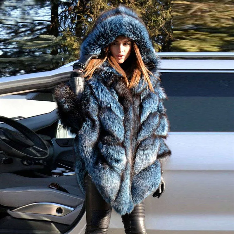 Real Fox Fur Cape With Hood Women Natural Sliver Fox Fur Jacket Long Winter Full Pelt Genuine Fur Capes Ponchos Outwear