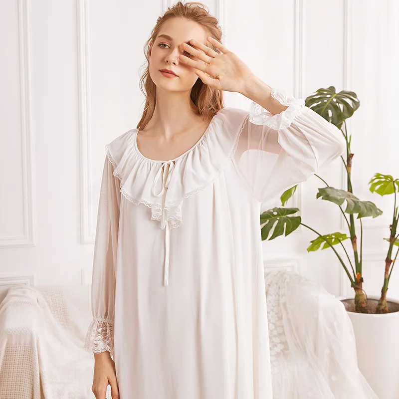 

Fairy Long Night Dress Women White Mesh Romantic Vintage Nightgown Victorian Lace Peignoir Princess Sleepwear Lolita Nightie