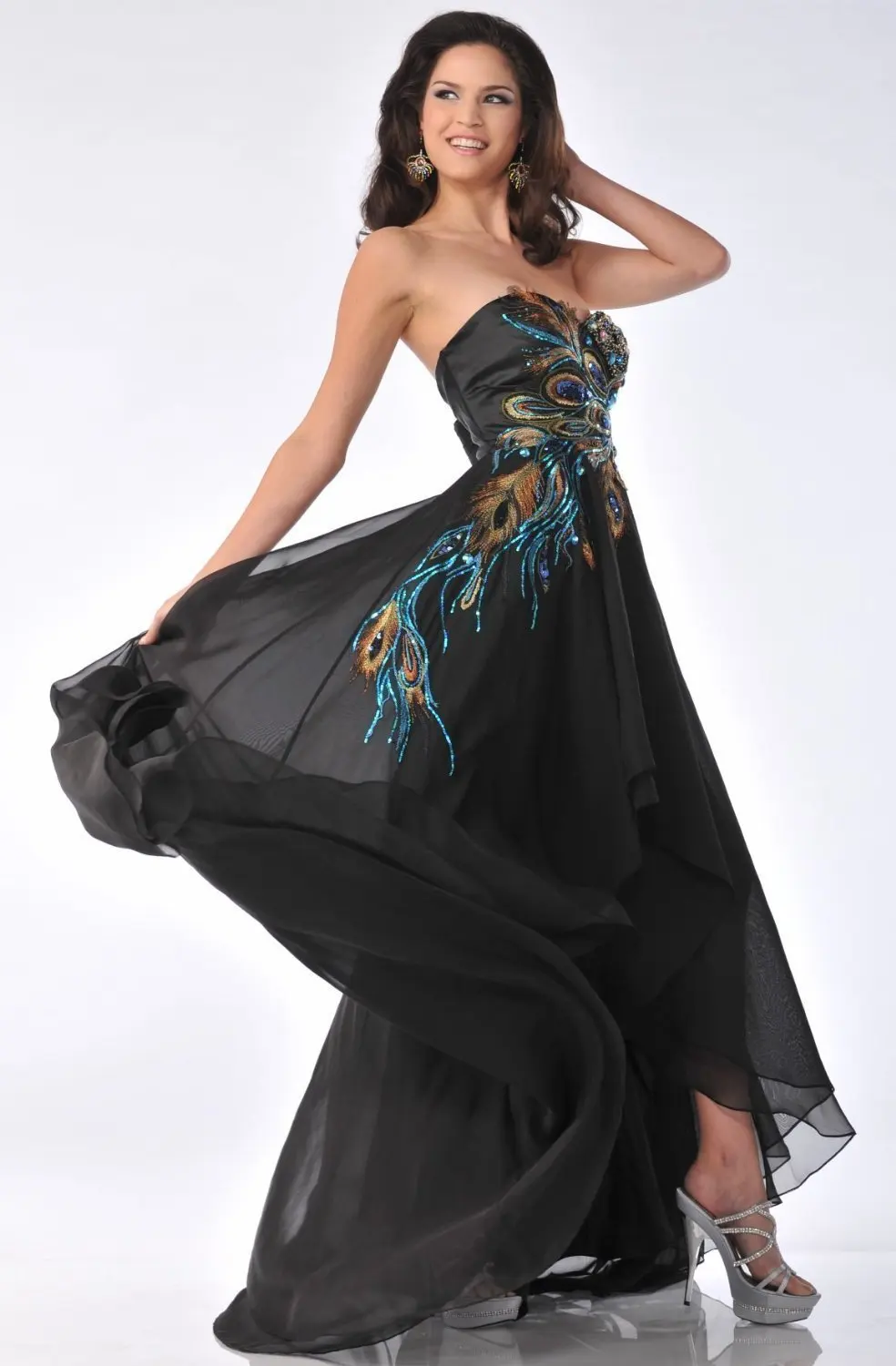 

free shipping 2018 robe de soiree long Applique peacock Black Prom sweetheart custom chiffon party Ball Gown bridesmaid dresses