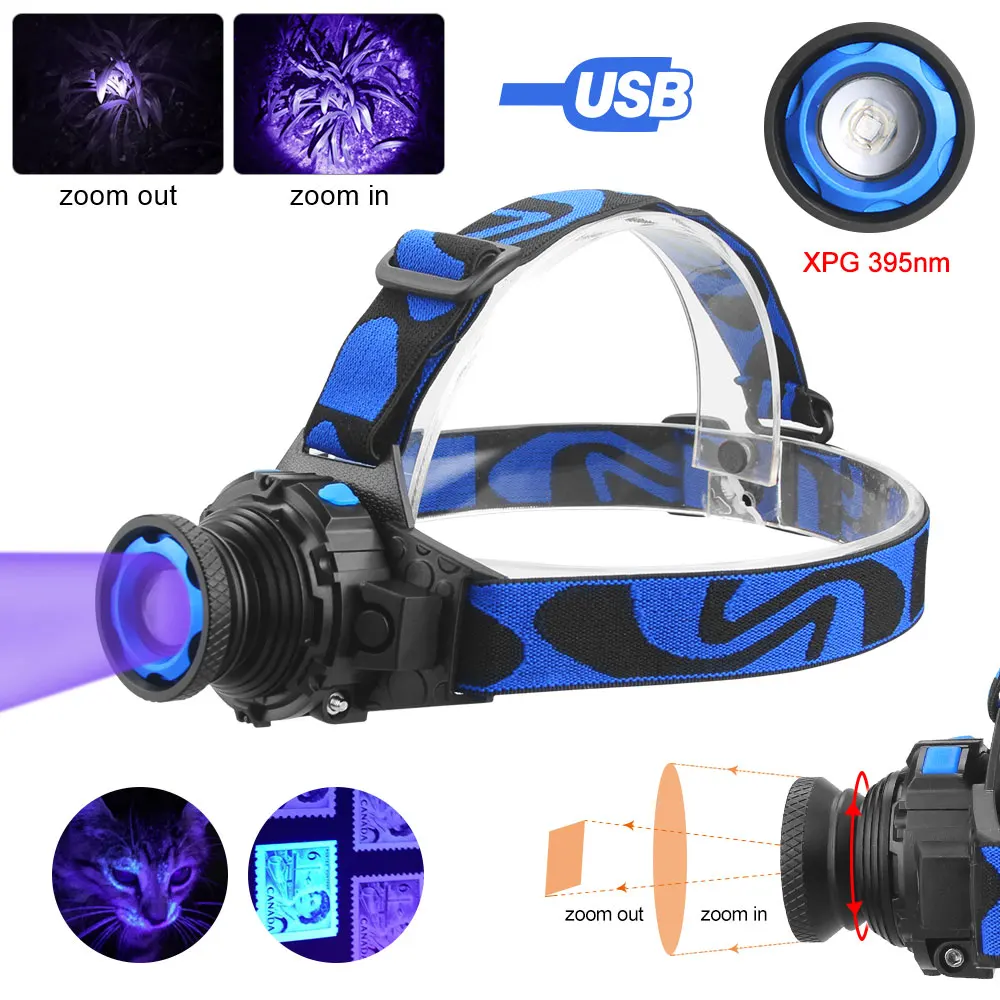 395nm UV Headlamp Ultraviolet Zoomable Headlight USB Rechargeable Purple Torch Catch Scorption Hunting Light Pet Urine Detector