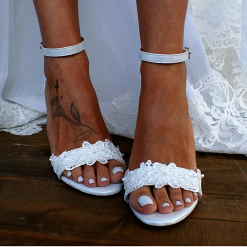 33 - 43 8cm High Heel White Wedding Shoes Women Block Heel Lace Satin Summer Sandals image 4
