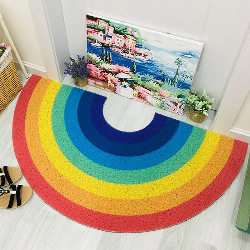 Home Rainbow Doormat Semicircle Floor Mat Bathroom Door Entrance Non-slip Mats Cartoon Color Rug Dustproof Waterproof Carpet