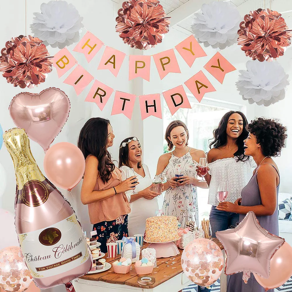 Rose Gold Birthday Decoration Foil Heart Balloons Big Champagne Goblet Balloon Paper Pompoms Birthday Party Decor Kids