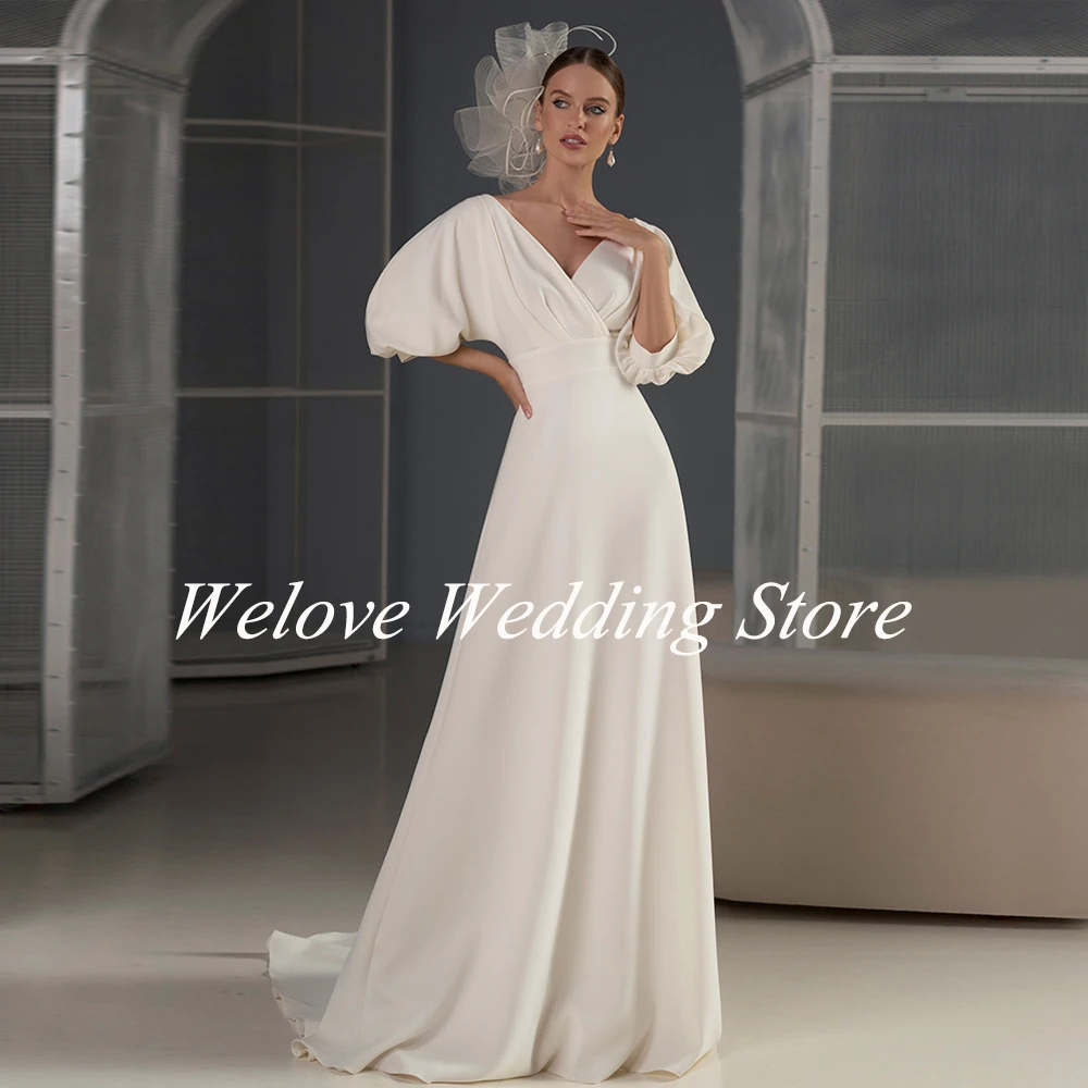 Simple Floor Length Wedding Dress For Bride Puff Sleeves V Neck Empire Floor Length Bridal Gown Backless Civil Robe De Mariee