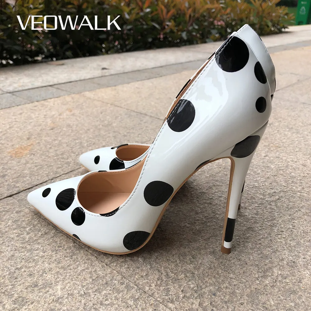 Veowalk Poka Dot Print Women Cute Stiletto High Heels Office Elegant Ladies Slip on Pointed Toe Pumps Young Girls Shoes White