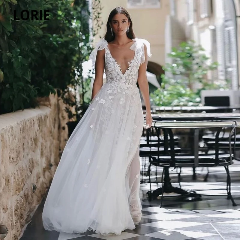 LORIE Beach Wedding Dresses 3D Flowers Lace A-Line Elegant Wedding Gown Boho V-Neck Country Bridal Dress 2024 vestido novia