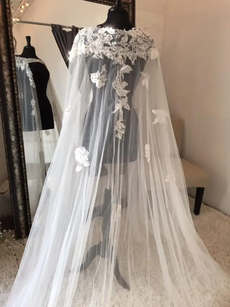 New Long Bridal Wedding Cape Veil With Lace White/ivory Wraps Appliques Lace Wedding Jacket Bridal Cloak