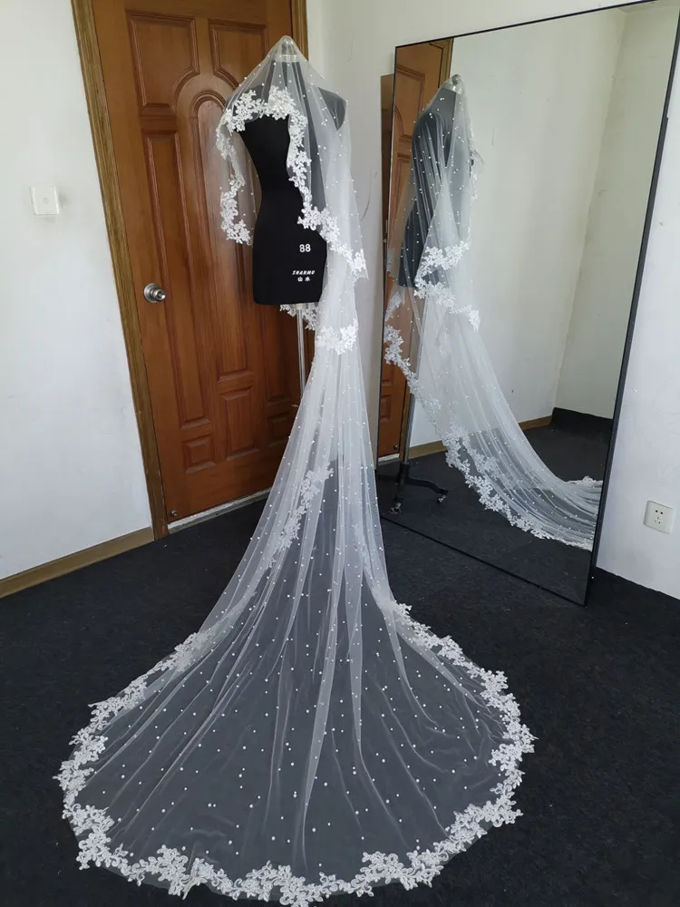 Echte Foto Wit Ivoor Bruiloft Sluier Lange Kanten Sluier Een Laag Kathedraal Royal Pearl Bridal Veils Bruiloft Accessoires