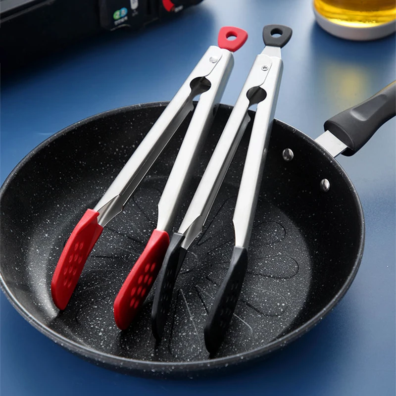 Non-Stick Silicone Steak Tongs Stainless Steel Cake Bread Tong Salad Serving Food Tongs Non-Slip Grilling Cooking Clamp Bbq Tool