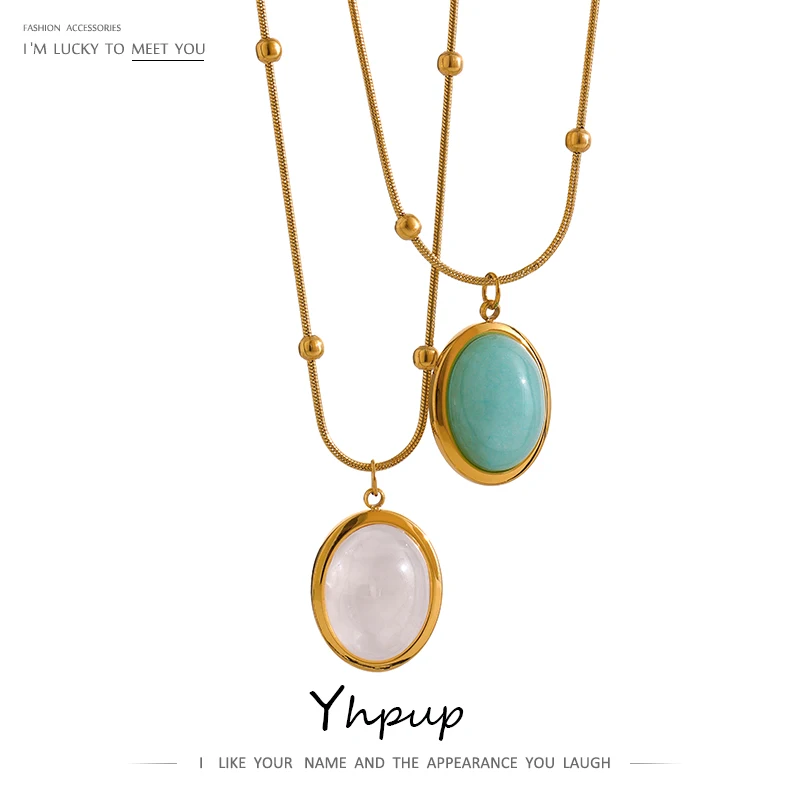 Yhpup Natural Green Stone Fog Crystal Stainless Steel Pendant Chain Gold Color Collar Necklace Jewelry цепочка на шею женская