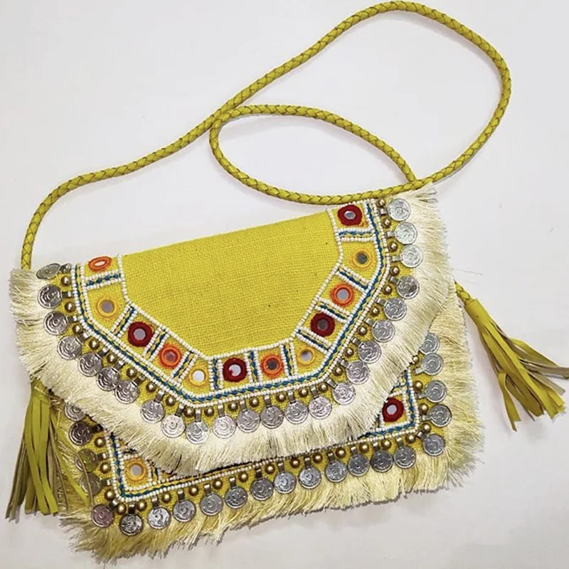 DOYUTIG Fresh Women's Handmade Hobo Clutch Bag Indian Design Yellow Embroidery Shoulder Bag Bohemia Envelope Crossbody Bag F794