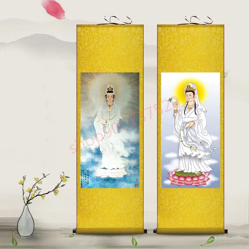 (customized) Guanyin Bodhisattva portraits, temples worship, son sending Guanyin silk decoration scroll painting