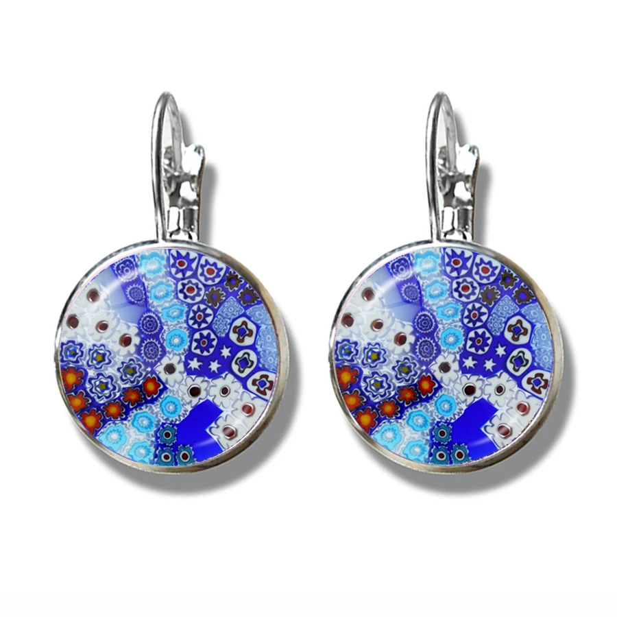 Murano Millefiori Earrings MultiColour Flower Glass Cabochon French Hook Earrings Jewelry For Women Girls Gift Wholesale