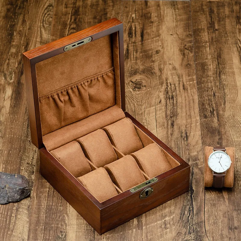 6 Slots Luxury Wooden Watch Box With Lock Storage Boxes Jewelry Bracelet Wrist Watch Display Organizer Collection Case Gift Box