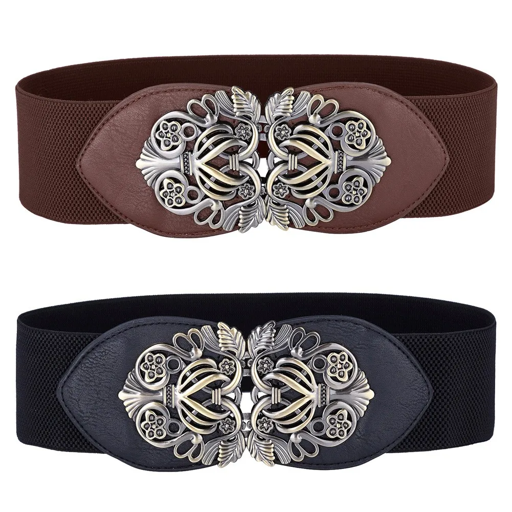 Women Vintage 2pcs-Pack Waistband Metal Buckle Stretchy Waist Belt Retro Punk Gothic Girls Metal Buckle Stretchy Waist Belt