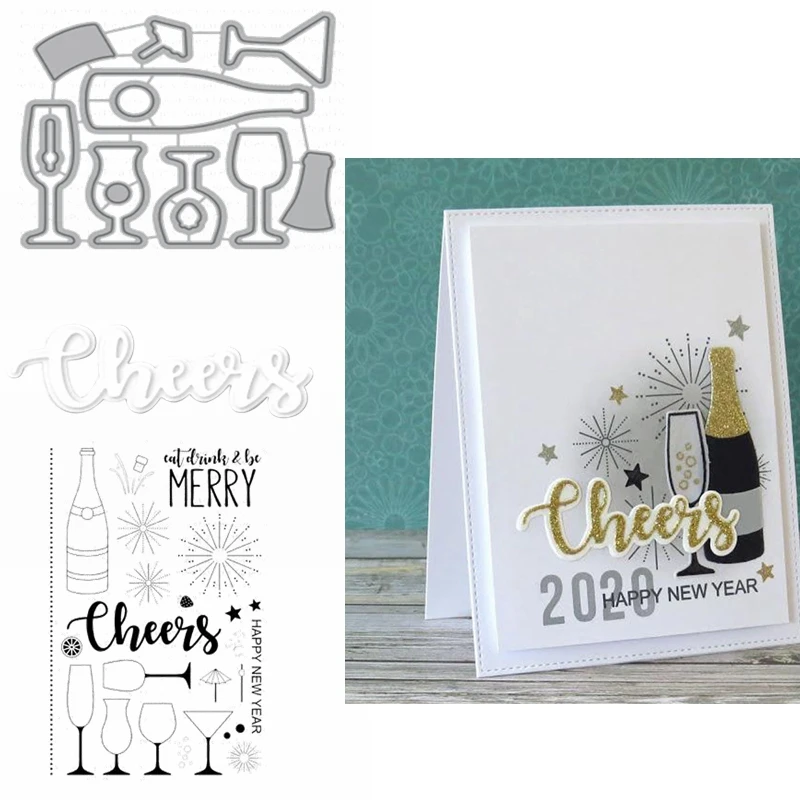 Wine Bottles Happy New Year Cheers Cutting Dies Match Clear Stamp DIY Scrapbook Card Album Make Craft Stencil New Supplies 2020