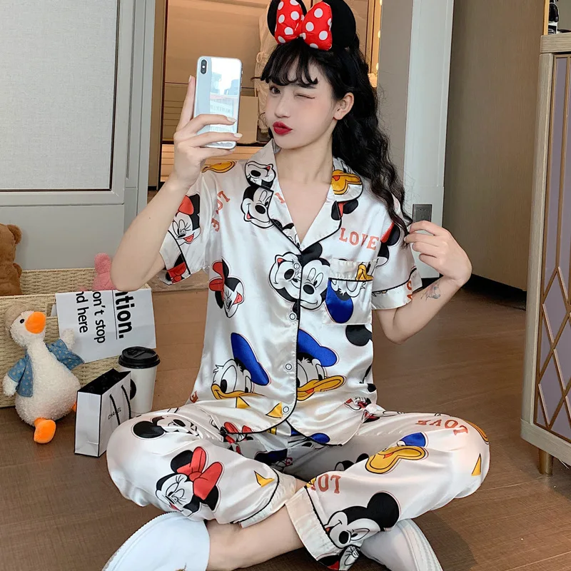 Disney Mickey and Minnie Princess print pajamas women summer short-sleeved trousers thin summer home service suit 2pcs