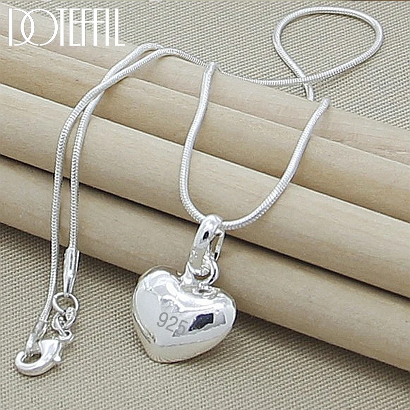 DOTEFFIL 925 Sterling Silver Solid Small Heart Pendant Necklace 16-30 Inch Snake Chain For Women Wedding Charm Fashion Jewelry