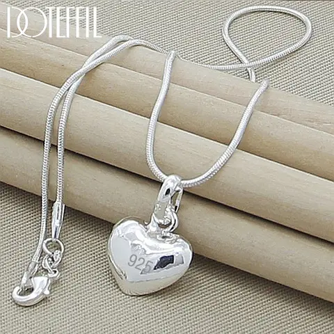 DOTEFFIL Silver Color Solid Small Heart Pendant Necklace 16-30 Inch Snake Chain For Women Wedding Charm Fashion Jewelry