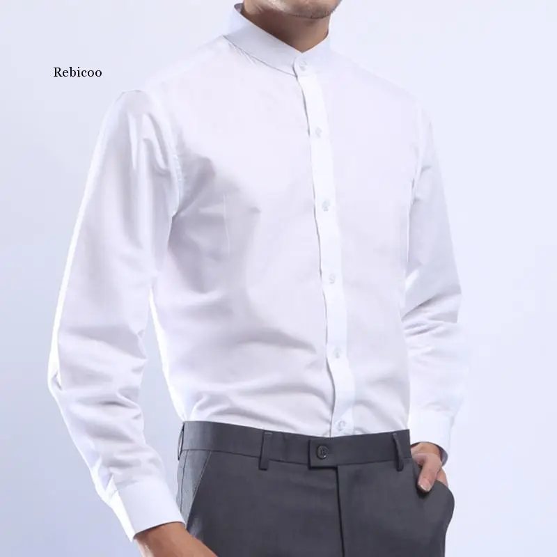 

Men Spring Stand Collar White Dress Shirt Long Sleeve New 2021 Chinese Style Single Breasted