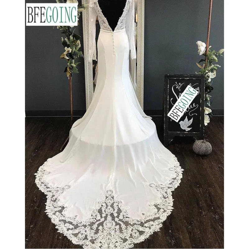 Ivoor Kant Satijn Chiffon Lange Mouwen Mermaid/Trompet Bruidsjurken Kapel Trein Custom Made Bridal Jurken