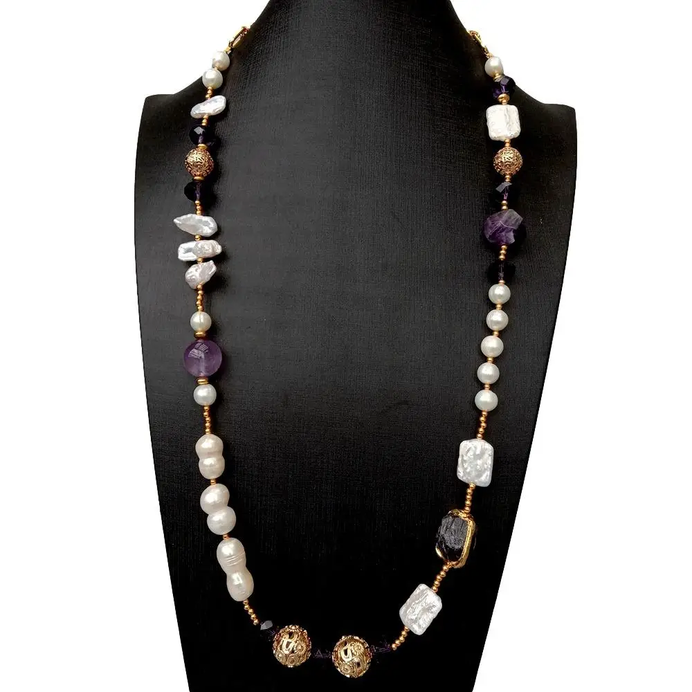 Y·YING natural Freshwater Cultured White Pearl Amethyst Crystal Long Necklace 29\