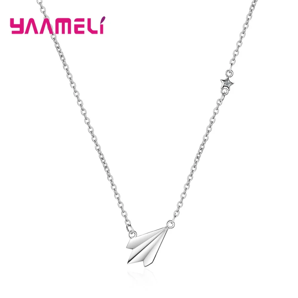 

100% Real Silver 925 Fine Jewelry CZ Star Minimalist Tiny Paper Plane Aircraft Pendant Necklace Link Chain Jewelry Collier Femme