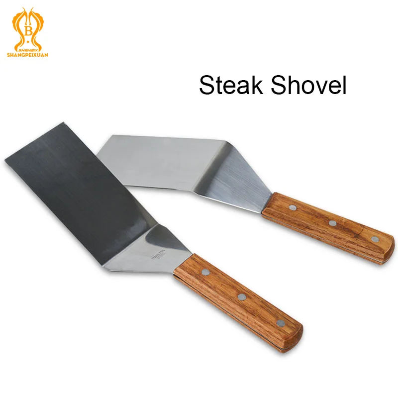 

High Quality Stainless Steel Spatula for BBQ Grill Steak Shovel Wood Handle BBQ Tool Beef Steak Turner Square End Round Shovel