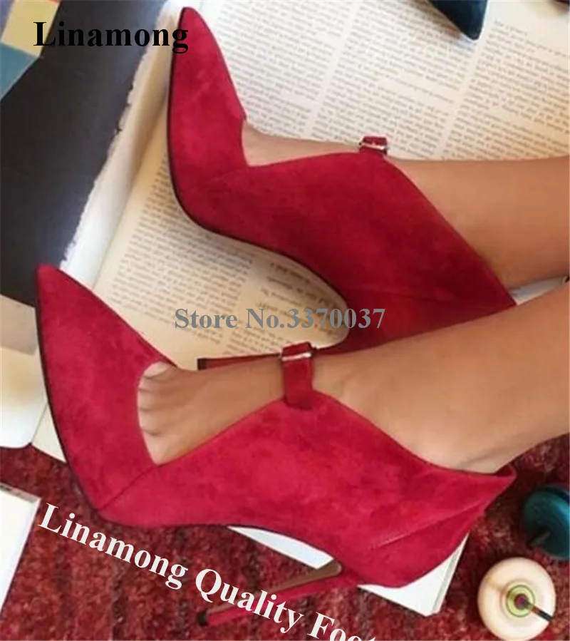 

Linamong Elegant Pointed Toe Suede Leather Cut-out Stiletto Heel Short Gladiator Boots Buckles High Heel Ankle Booties Heels