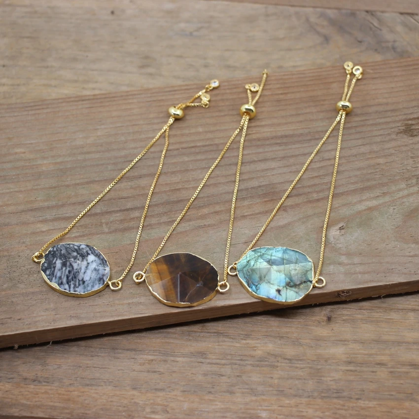 Labradorite Crystal Pyramid Brass Chains Adjustable Bracelet Amethysts Rose Quartzs Fashion Jewelry Dropship QC2030 image 3