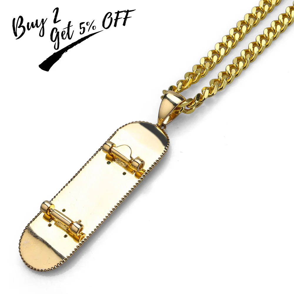 TOPGRILLZ Hip Hop Gold/Silver Color Iced Out Micro Pave CZ Stone Skateboard Pendant Necklaces Copper Cuban Link Necklaces Gifts