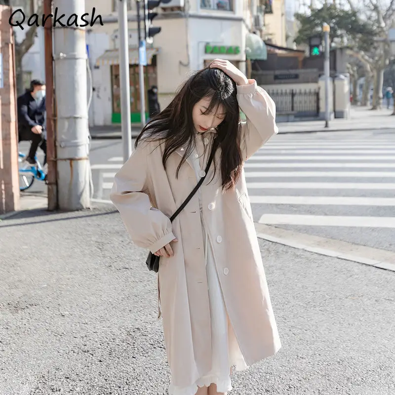 

Trench Women Single Breasted Pure Color Coats Spring Elegant Japan Style Classic Femme Leisure Tender Chic Windbreaker Ins Soft