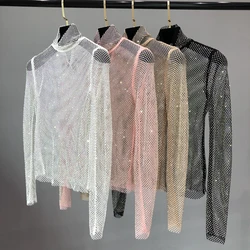 Glittering Mesh Diamond HollowOut Jacket Sexy Long-Sleeved Turtleneck Cultivate one's Morality Shirt Party Women