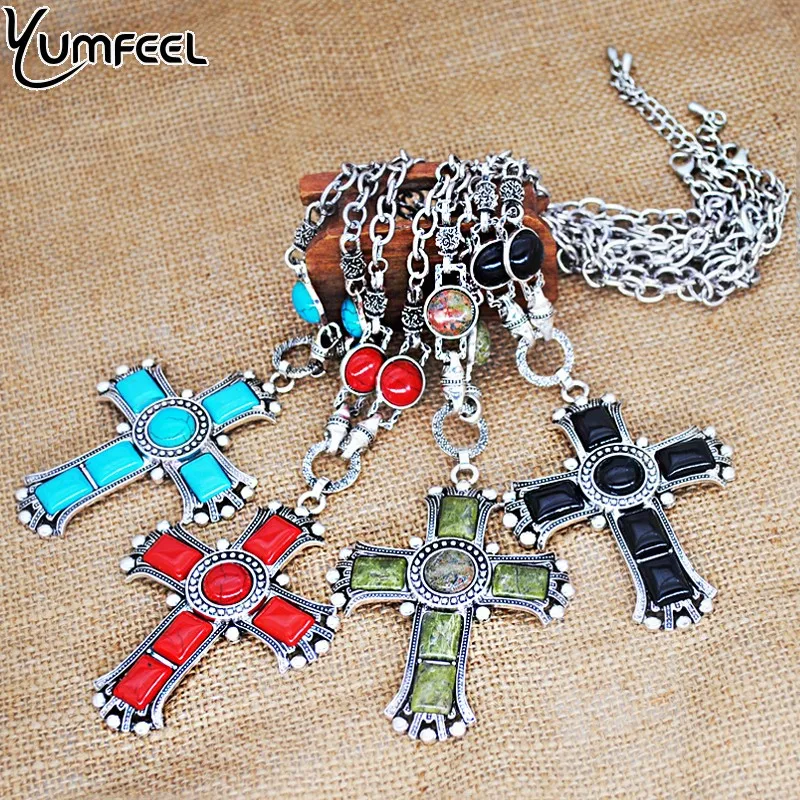 Yumfeel Brand New Vintage Cross Necklace Metal Synthetic Stone Religious Pendants & Necklace Women Men Jewelry