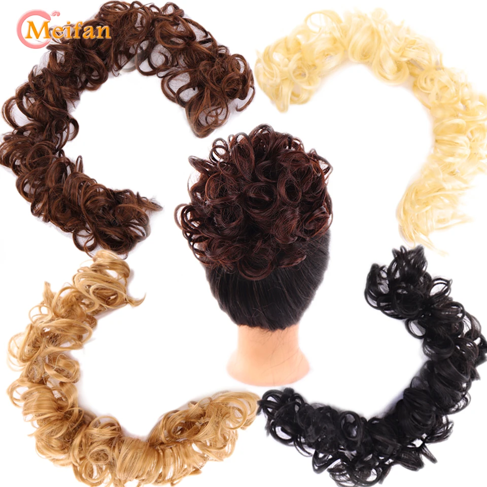 MEIFAN Synthetic Messy Scrunchies Curly Donut Chignon Hair Bun Elastic Band Hair Extensions Hairpieces for Women