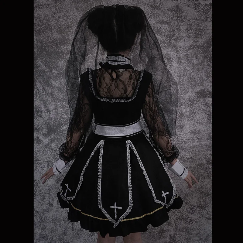 Cosplay Lolita 3-Piece Dress + Collar + Veil Dark Sexy Lace Retro Gothic Style Princess Medieval Renaissance Clothes 2022 Summer