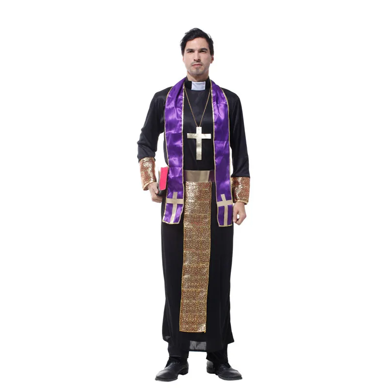 Costume Cosplay Pastor Priest para Homem Adulto, Cristão, Morganários, Pregador, Dia das Bruxas, Festa Purim, Carnaval, Vestido Extravagante com Cruz