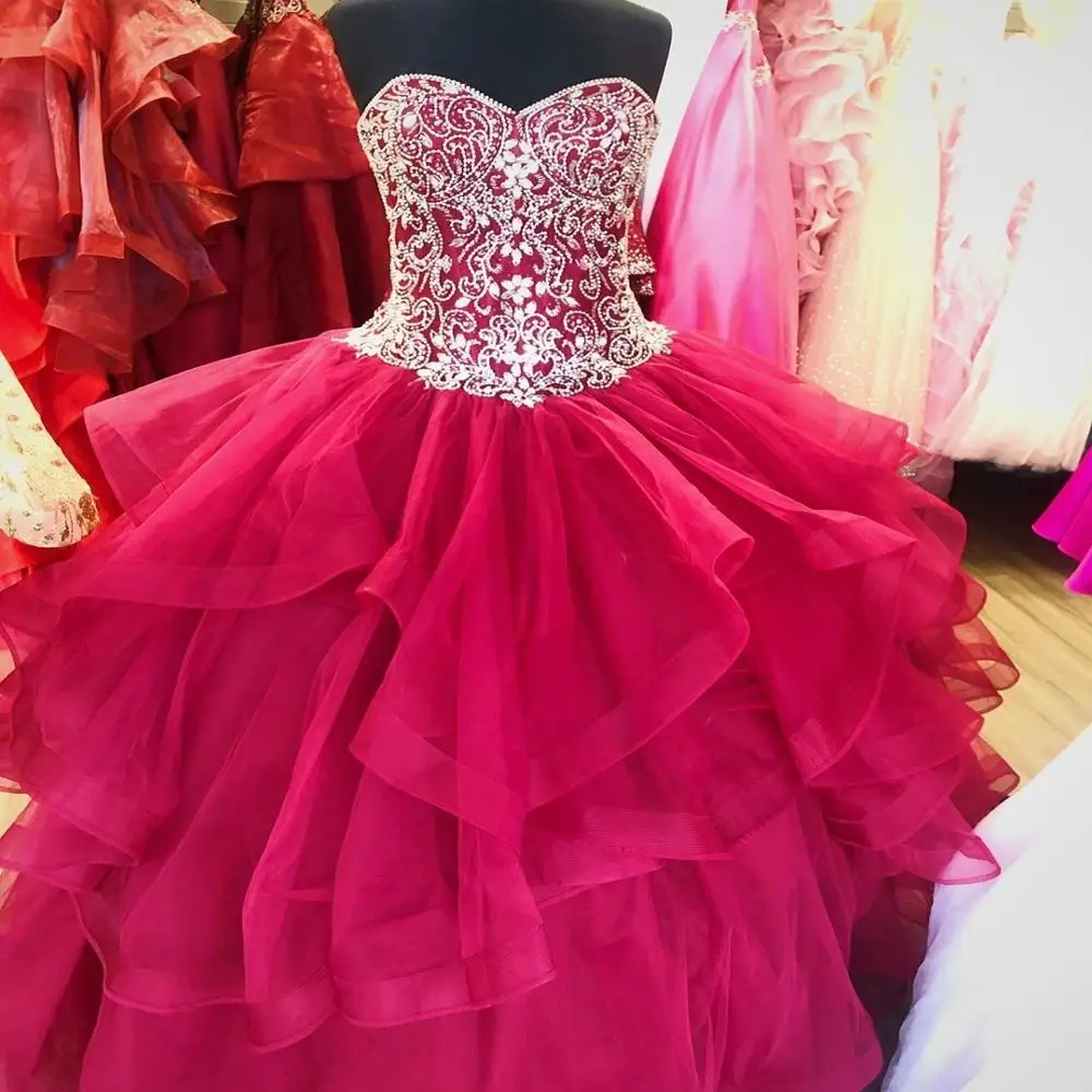 Ruffles Burgundy vestidos de 15 años 2019 Ballgown Puffy Beading Quinceanera Dress Straps Sweet 15 Dress Long Prom Gowns Lace Up