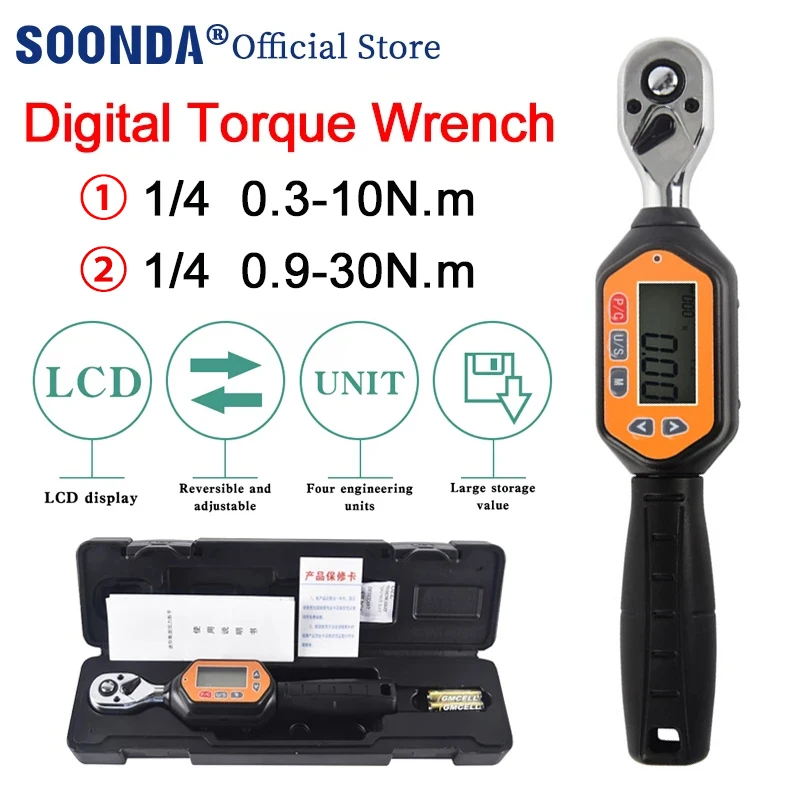 

1/4" 0.3-10Nm 0.9-30Nm Adjustable Preset Digital Torque Wrench Bicycle Car Repair Tool Torque Spanner Bidirectional ratchet head