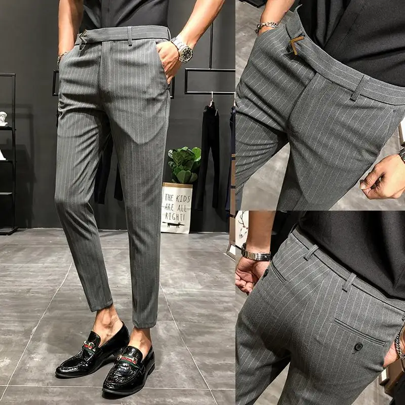 

Men Dress Pants Slim Fit Streetwear Striped Workout Ankle Pants Male Fashion Summer Office Trousers Men Skinny Suit Pant