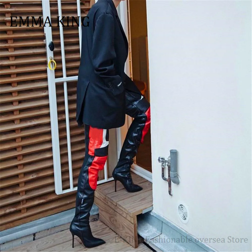 2021 Runway Patchwork Women Over the Knee High Boots Sexy Pointy Toe High Heels Lady Boots Shoes Woman Knight Boots Botas Mujer