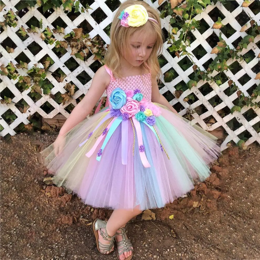 Girls Pastel Unicorn Flower Tutu Dress Kids Crochet Tulle Dress Ball Gown with Straps and Hairbow Children Party Costume Dresses