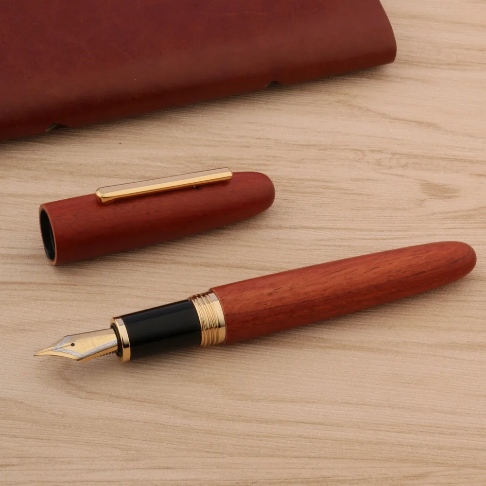 Luxury Wood JinHao 9056 Fountain Pen Red Mahogany F M Fude Bending Spin Stationery Office Supplies Golden Ink Pens