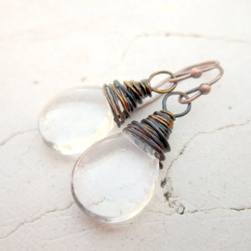 Clear Glass Dangle Earrings Oxidized Copper Wrapped Glass Drop Earrings Czech Glass Earrings