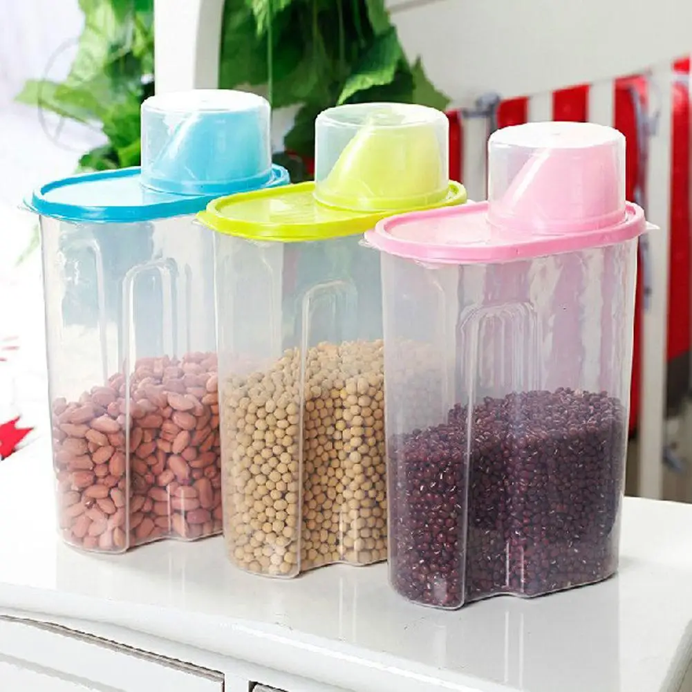 2.5L Large Rice Cereal Bean Dry Food Storage Dispenser Container Lid Sealed Box cereal storage can with lid and measuring cup