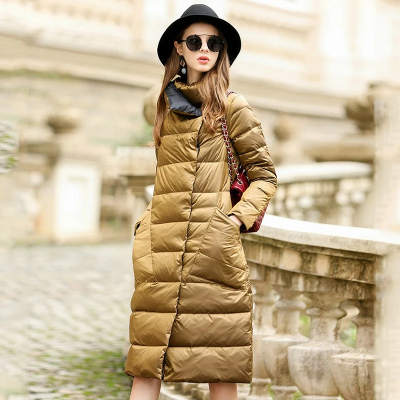 Fitaylor mulheres jaqueta longa casaco de inverno quente dupla face ultra leve pato branco para baixo parka neve feminina outwear