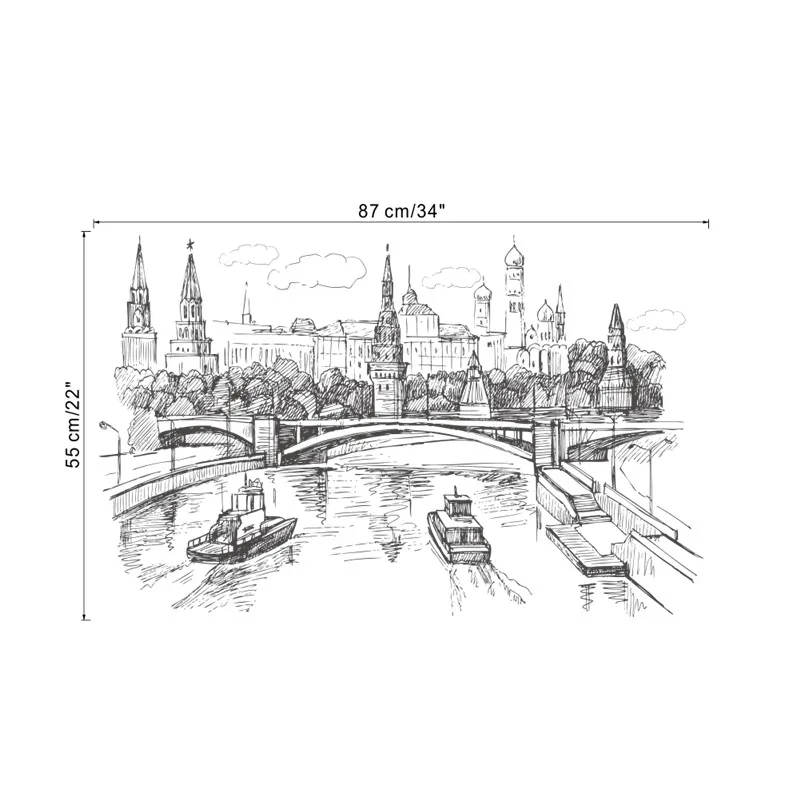Sketch Style Kremlin Moscow River Scenery Wall Stickers For Home Decoration Landscape Wall Mural Art Diy Pvc Wall Decals