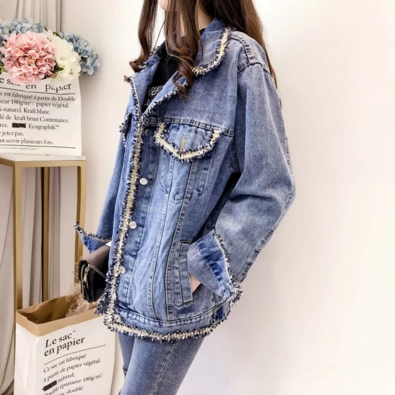 

Tassel Fashion Long Sleeve Denim Coat Female Streetwear Autumn Loose Single Breasted Jean Jacket Harajuku Boyfriend Blue Outwear