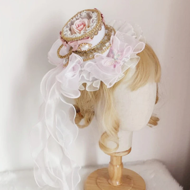 4Colors Lolita Round Ruffled Lace Bow Pearl Pendant Top Hat Vintage Yarn Royal Anime Cosplay Cap Soft Tea Party Bonnet Hair Clip